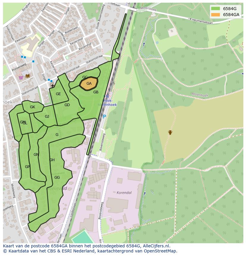 Afbeelding van het postcodegebied 6584 GA op de kaart.