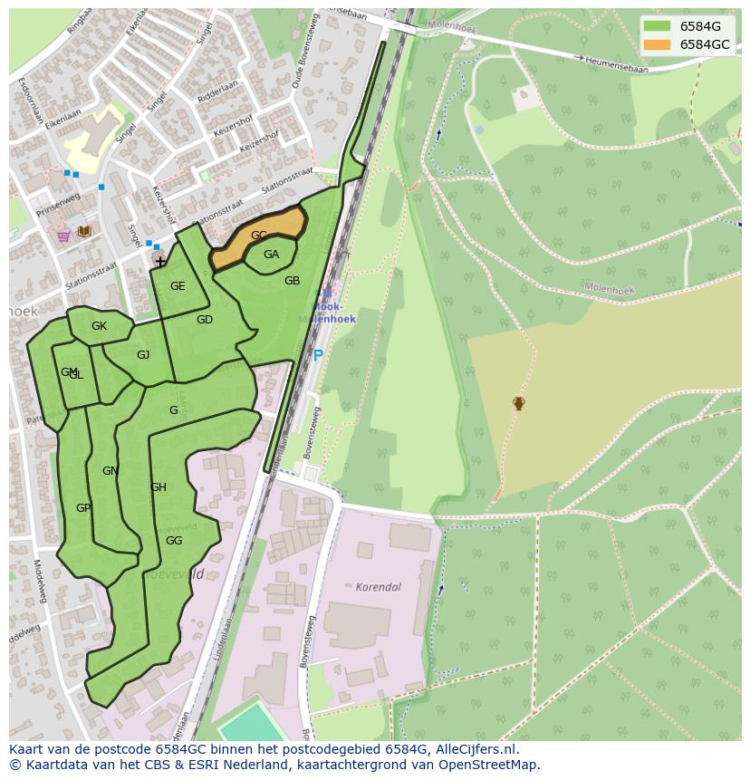 Afbeelding van het postcodegebied 6584 GC op de kaart.