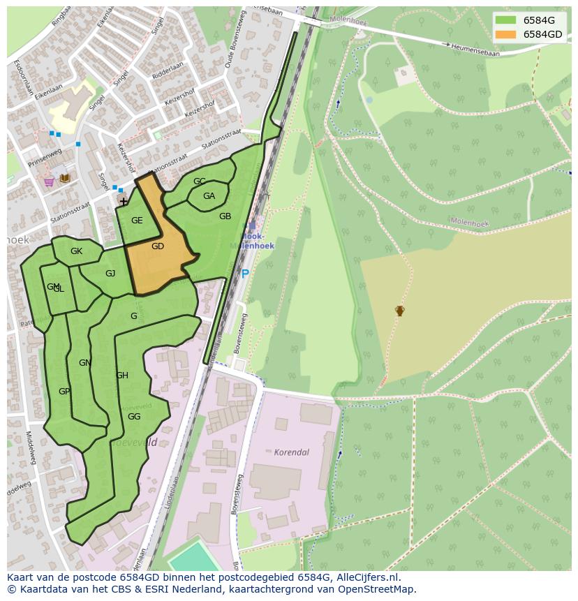 Afbeelding van het postcodegebied 6584 GD op de kaart.