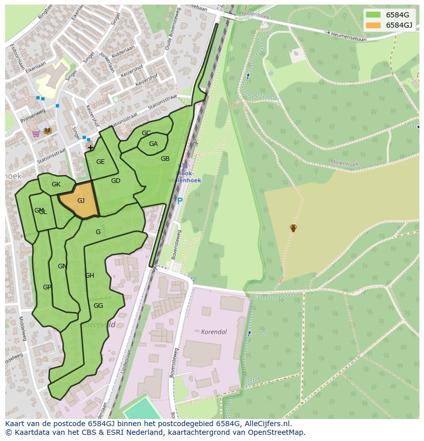 Afbeelding van het postcodegebied 6584 GJ op de kaart.