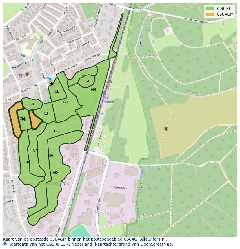 Afbeelding van het postcodegebied 6584 GM op de kaart.