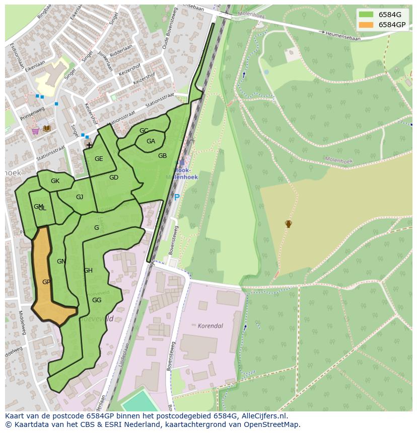 Afbeelding van het postcodegebied 6584 GP op de kaart.