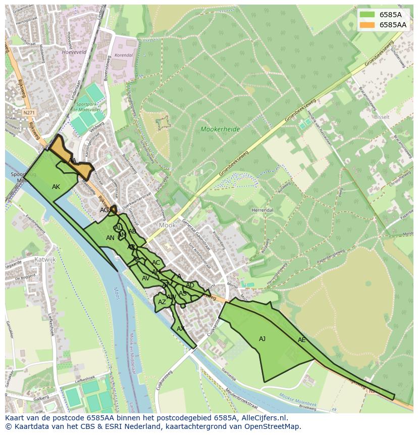 Afbeelding van het postcodegebied 6585 AA op de kaart.