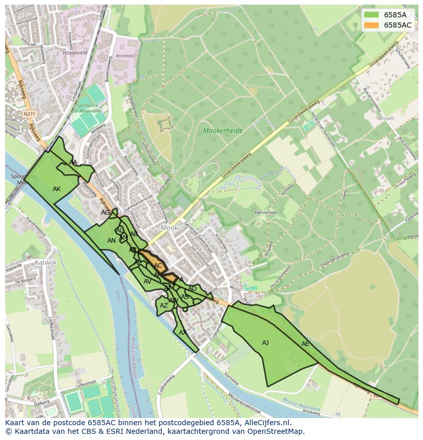 Afbeelding van het postcodegebied 6585 AC op de kaart.