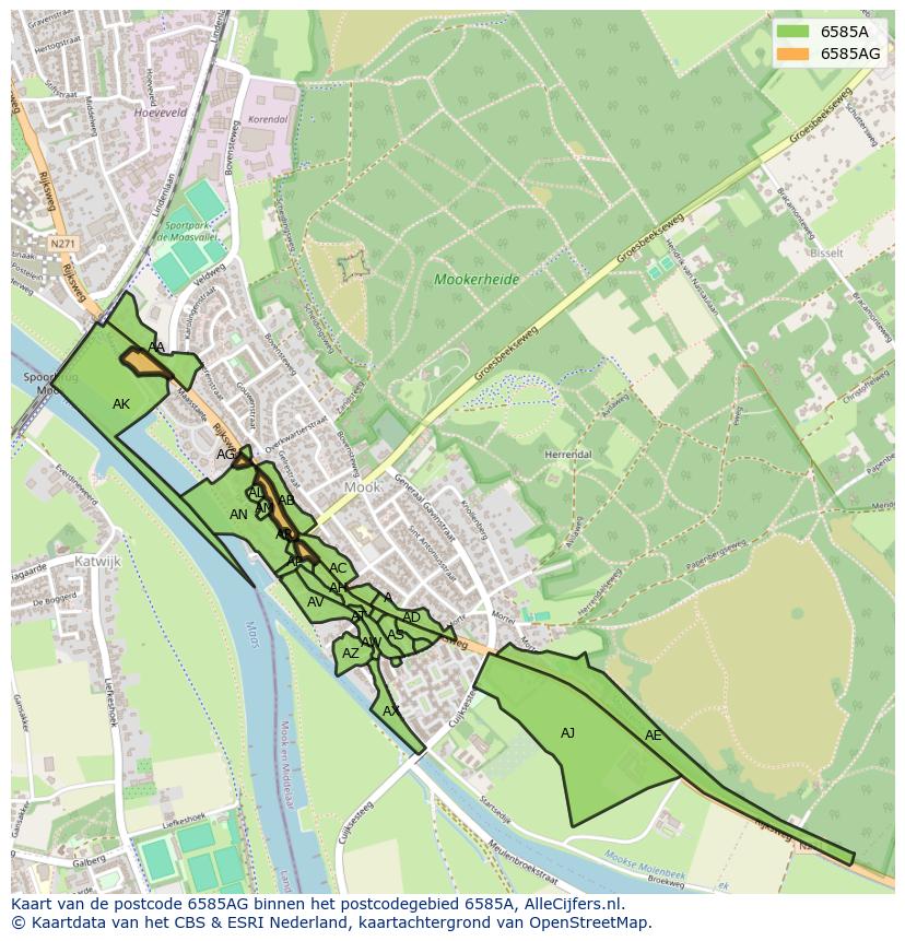 Afbeelding van het postcodegebied 6585 AG op de kaart.