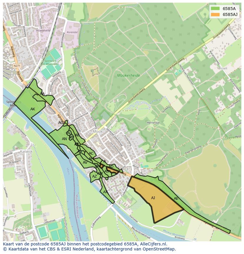 Afbeelding van het postcodegebied 6585 AJ op de kaart.