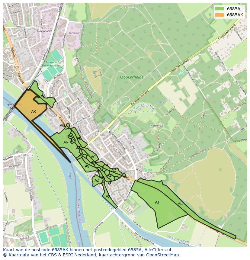 Afbeelding van het postcodegebied 6585 AK op de kaart.