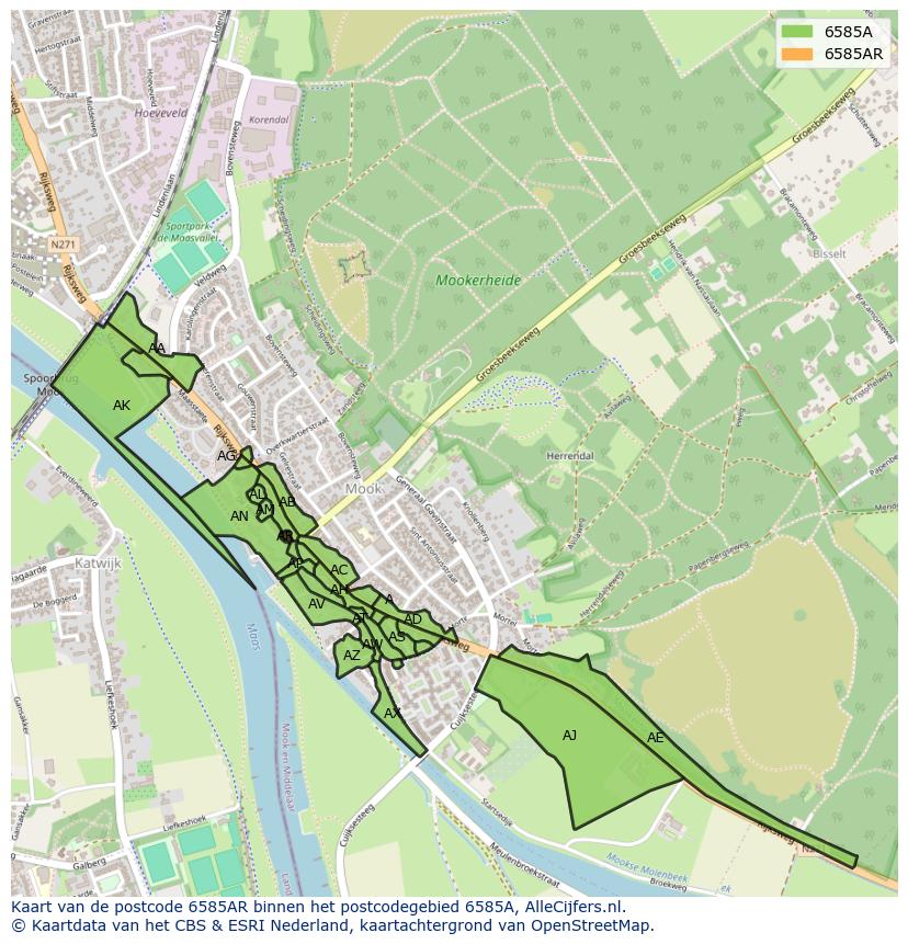Afbeelding van het postcodegebied 6585 AR op de kaart.