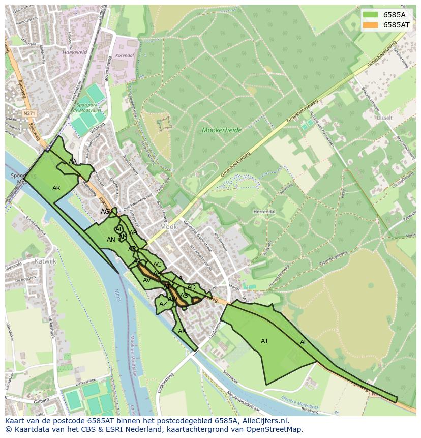 Afbeelding van het postcodegebied 6585 AT op de kaart.