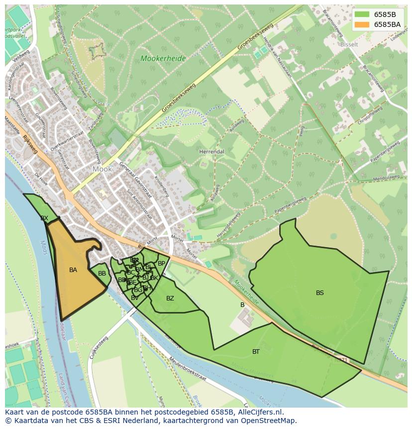 Afbeelding van het postcodegebied 6585 BA op de kaart.