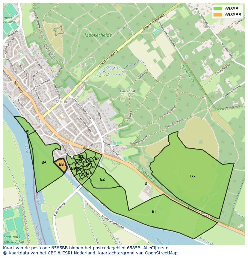 Afbeelding van het postcodegebied 6585 BB op de kaart.