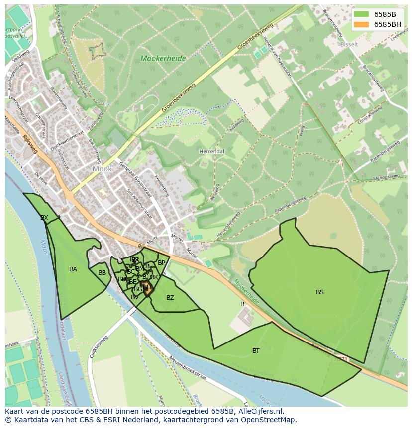 Afbeelding van het postcodegebied 6585 BH op de kaart.