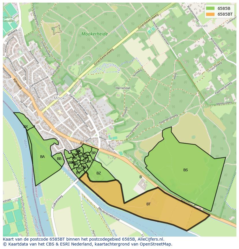 Afbeelding van het postcodegebied 6585 BT op de kaart.