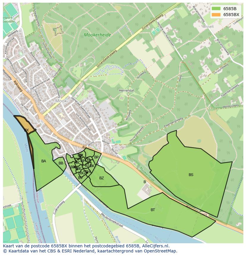 Afbeelding van het postcodegebied 6585 BX op de kaart.