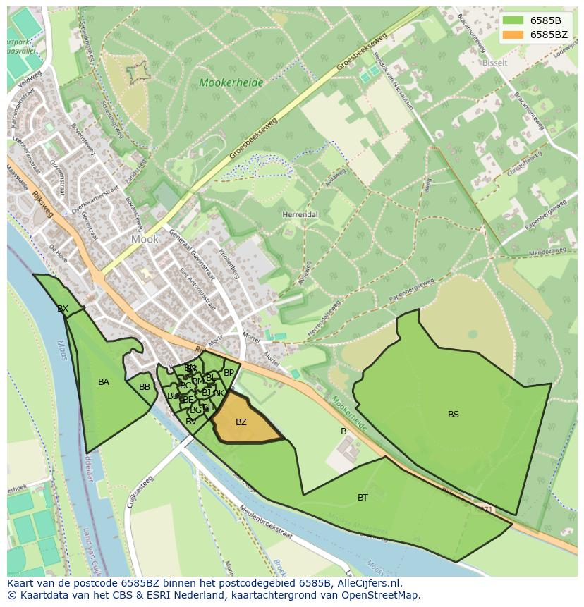 Afbeelding van het postcodegebied 6585 BZ op de kaart.