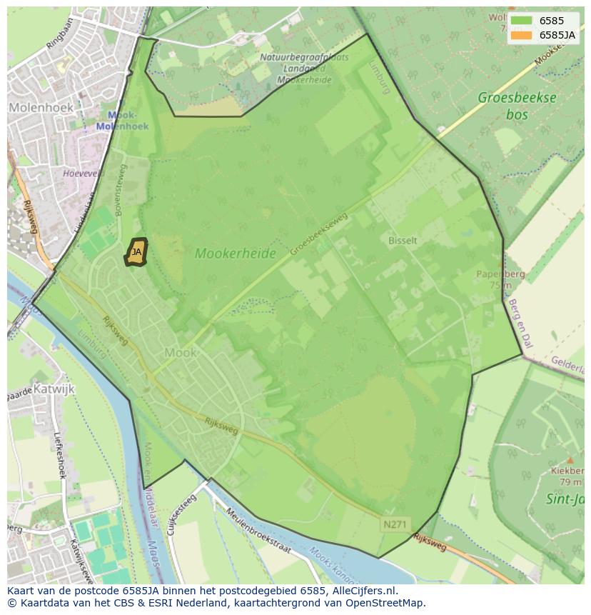 Afbeelding van het postcodegebied 6585 JA op de kaart.