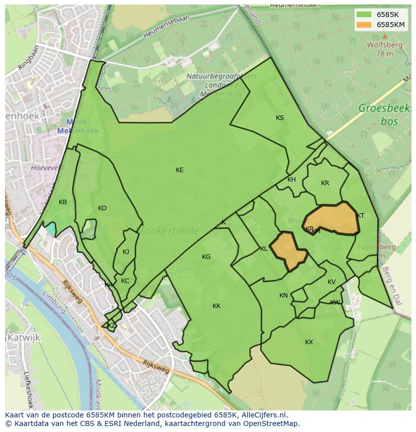 Afbeelding van het postcodegebied 6585 KM op de kaart.