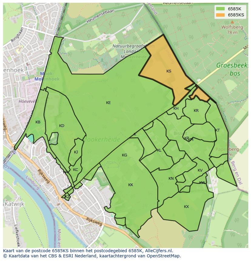 Afbeelding van het postcodegebied 6585 KS op de kaart.