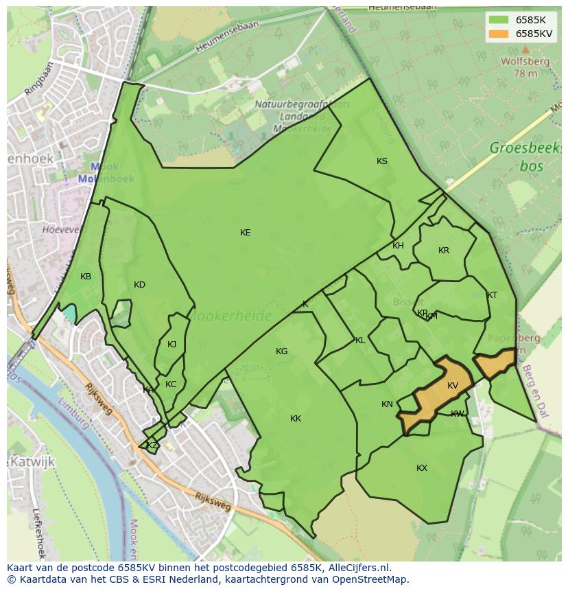 Afbeelding van het postcodegebied 6585 KV op de kaart.