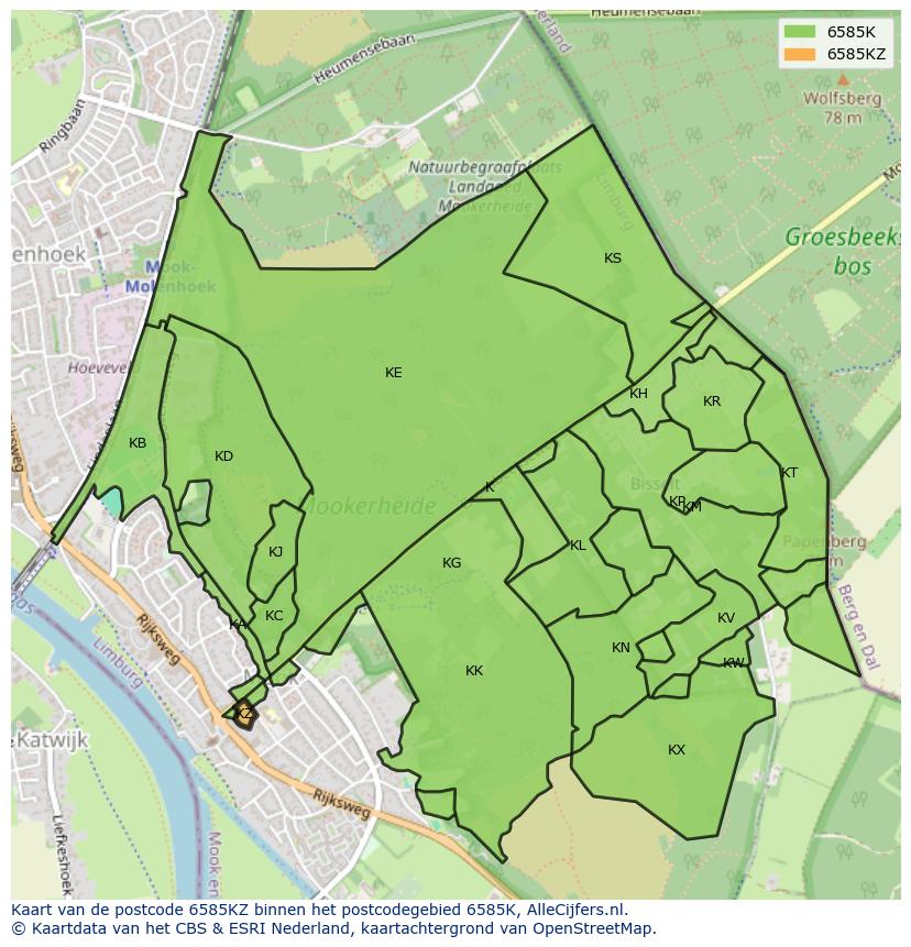 Afbeelding van het postcodegebied 6585 KZ op de kaart.