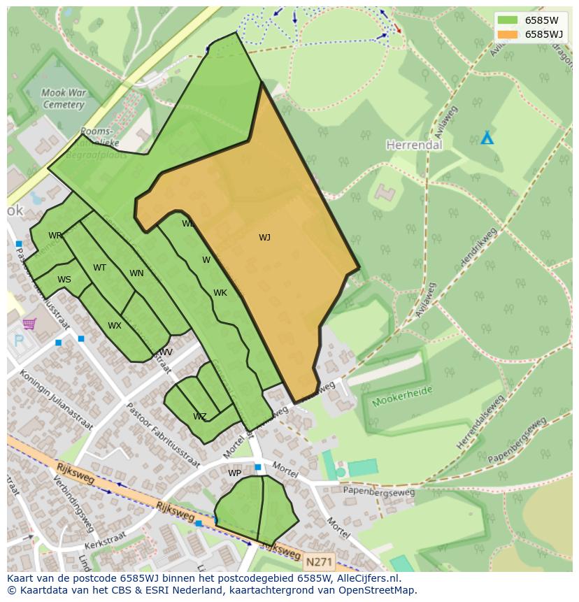 Afbeelding van het postcodegebied 6585 WJ op de kaart.