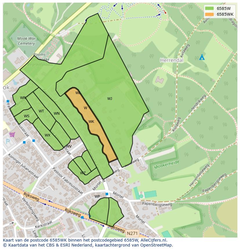 Afbeelding van het postcodegebied 6585 WK op de kaart.