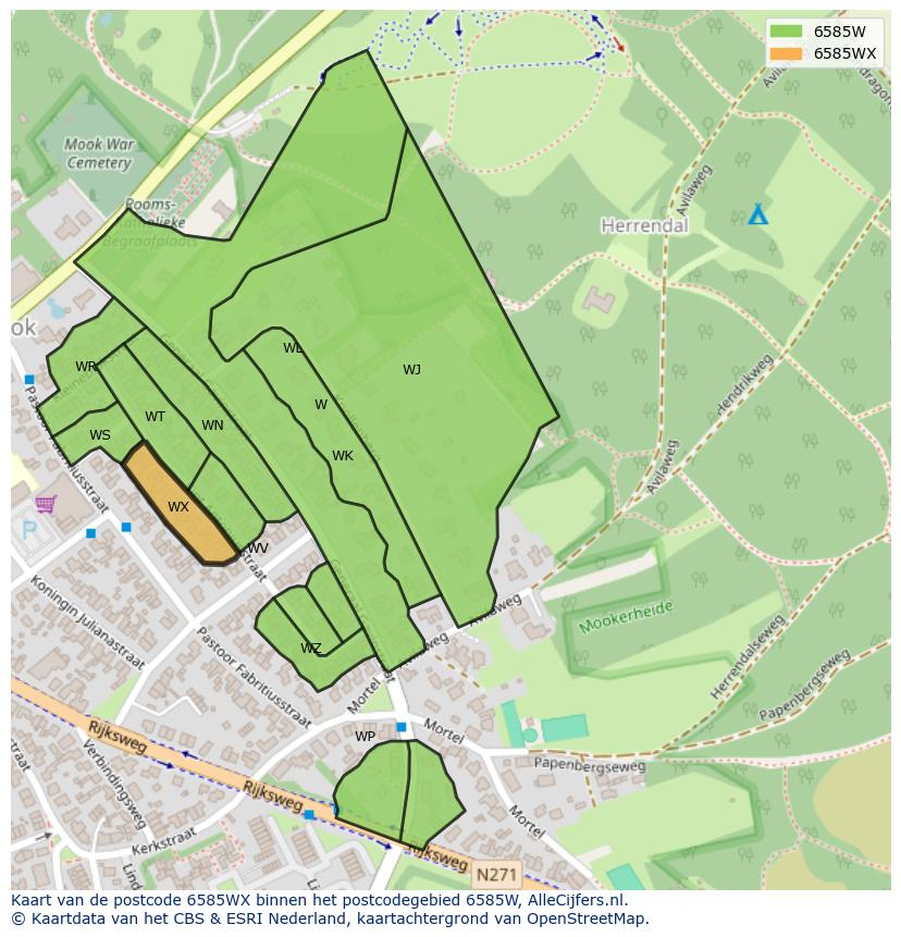 Afbeelding van het postcodegebied 6585 WX op de kaart.