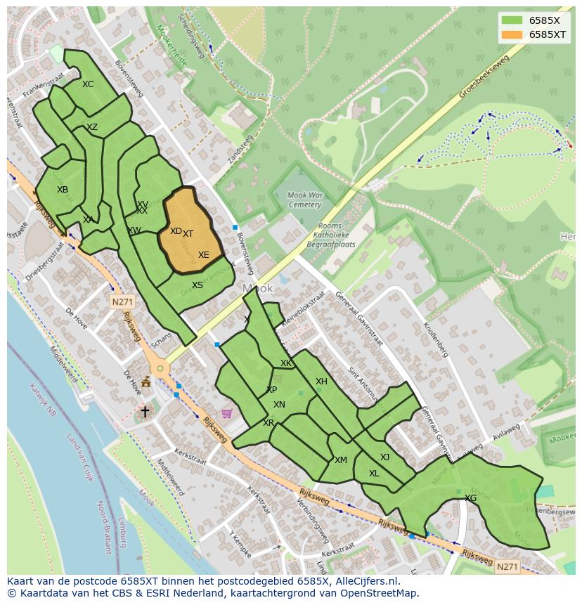 Afbeelding van het postcodegebied 6585 XT op de kaart.