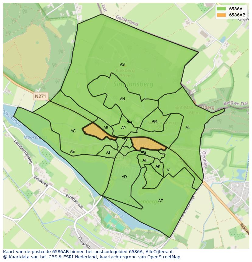 Afbeelding van het postcodegebied 6586 AB op de kaart.