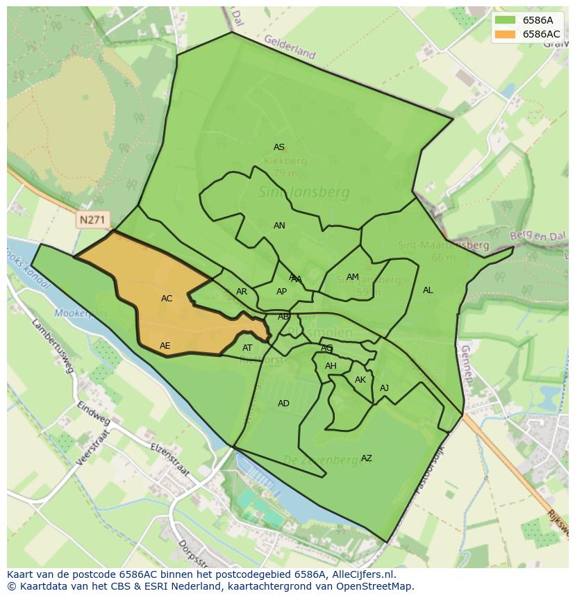 Afbeelding van het postcodegebied 6586 AC op de kaart.