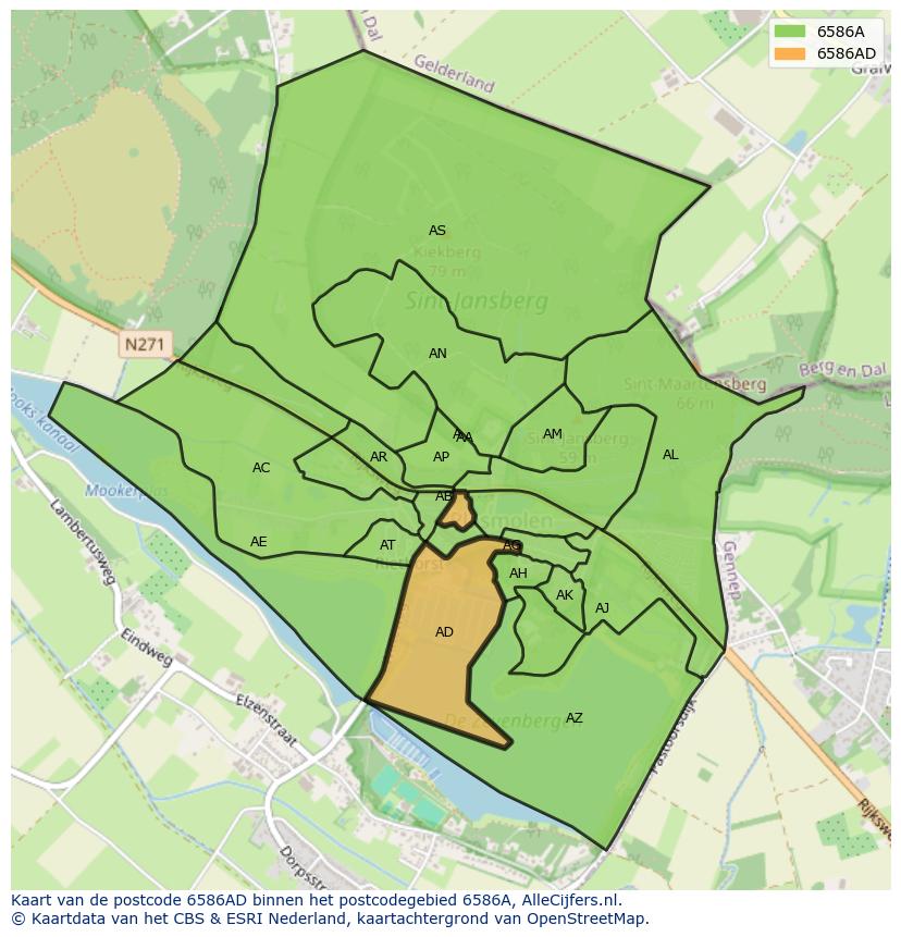 Afbeelding van het postcodegebied 6586 AD op de kaart.