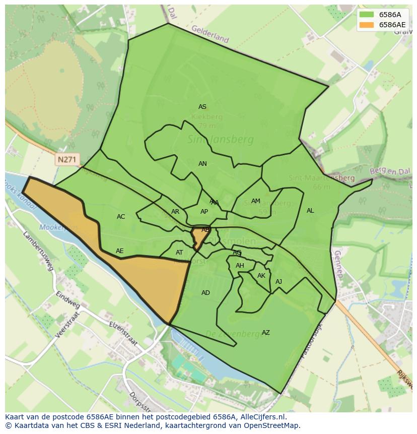 Afbeelding van het postcodegebied 6586 AE op de kaart.