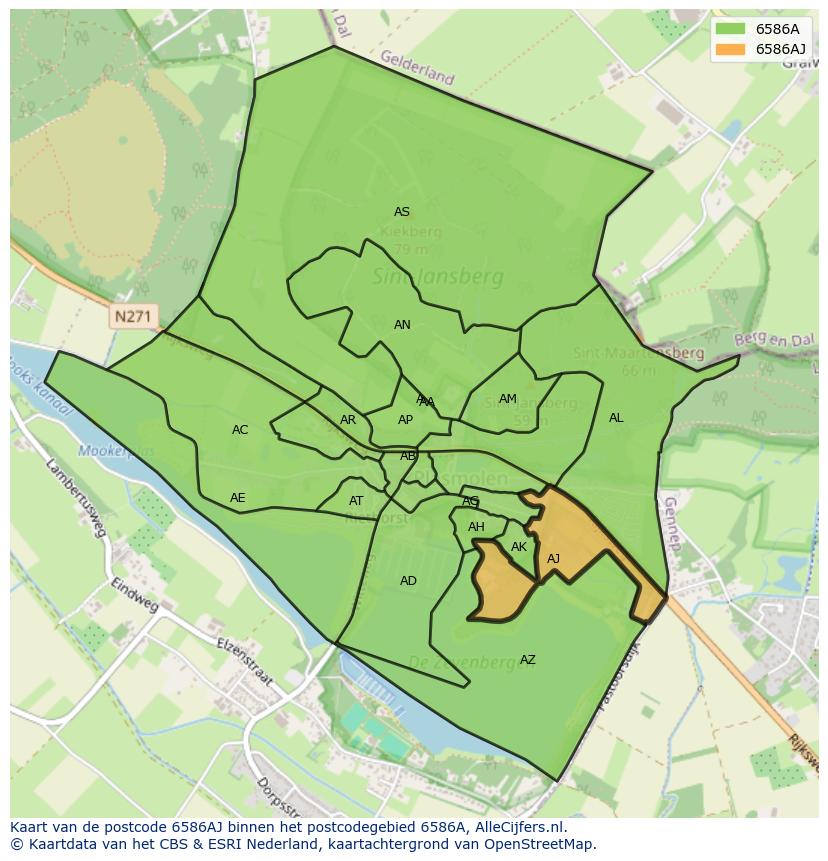 Afbeelding van het postcodegebied 6586 AJ op de kaart.