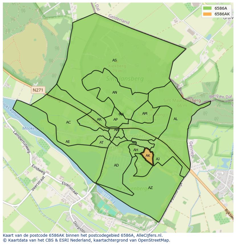 Afbeelding van het postcodegebied 6586 AK op de kaart.