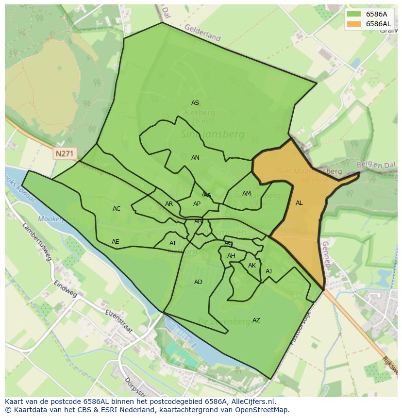 Afbeelding van het postcodegebied 6586 AL op de kaart.