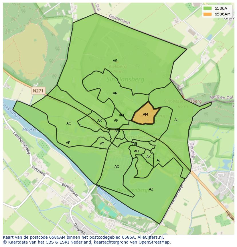 Afbeelding van het postcodegebied 6586 AM op de kaart.