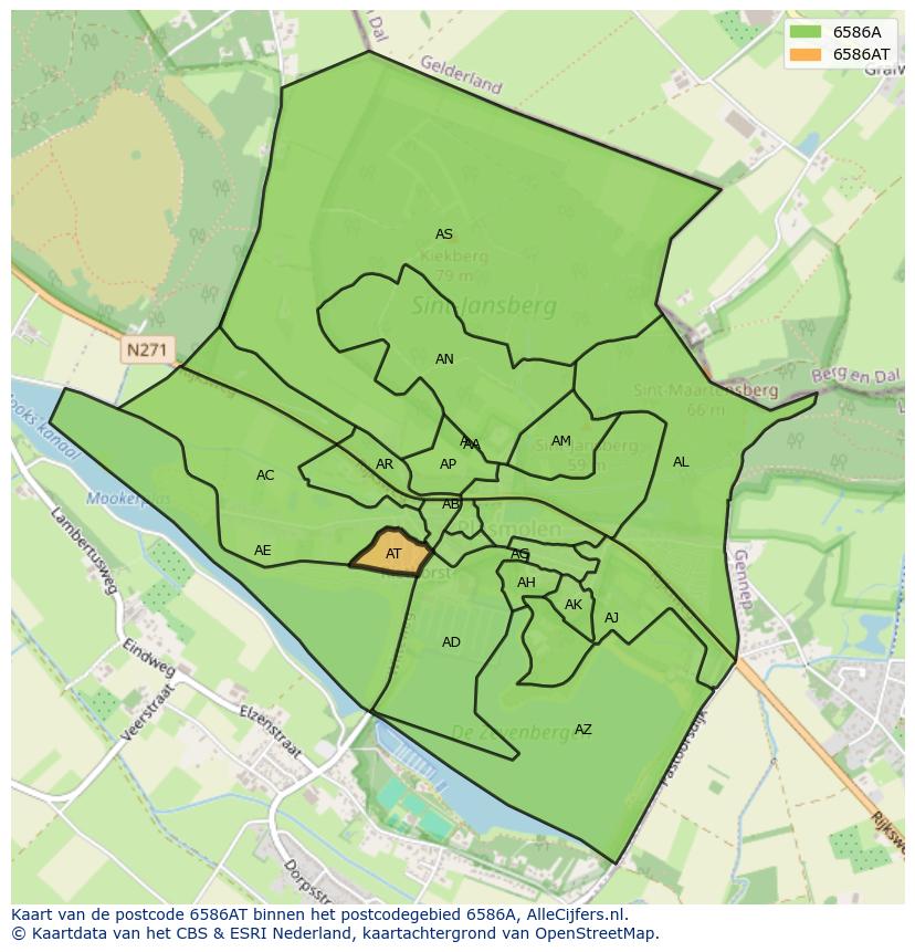 Afbeelding van het postcodegebied 6586 AT op de kaart.