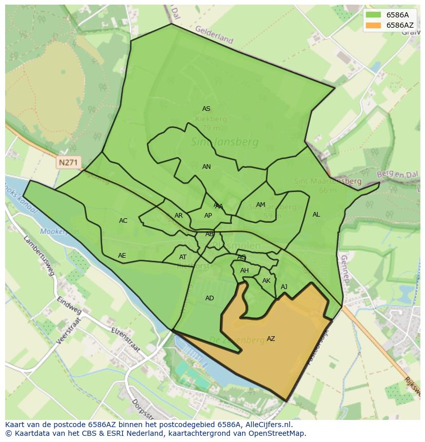 Afbeelding van het postcodegebied 6586 AZ op de kaart.