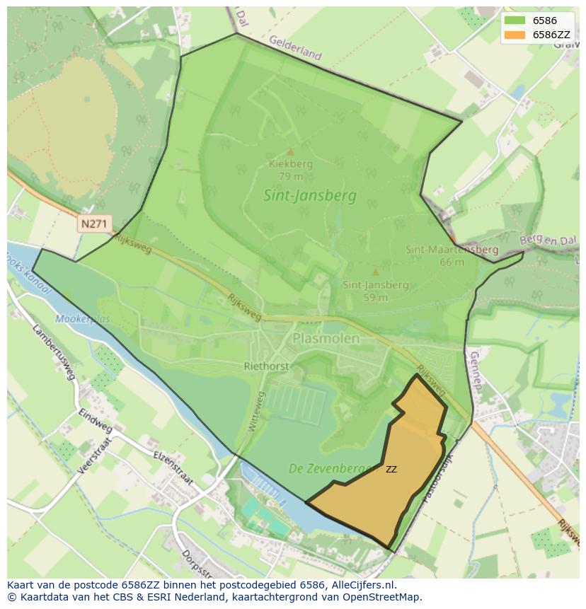 Afbeelding van het postcodegebied 6586 ZZ op de kaart.