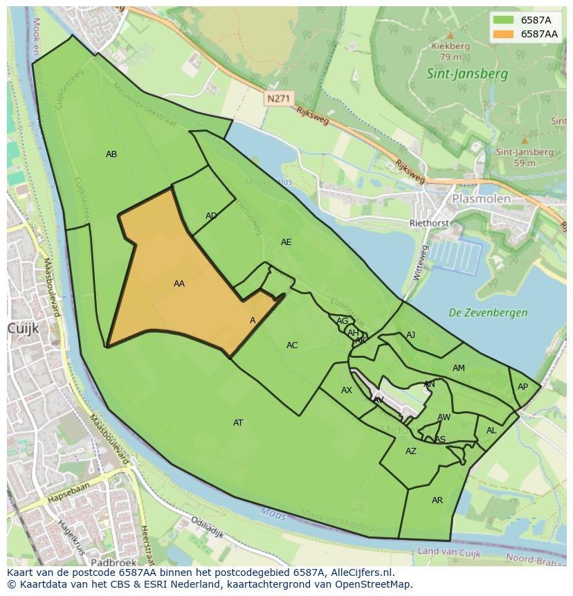 Afbeelding van het postcodegebied 6587 AA op de kaart.