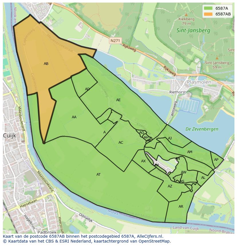 Afbeelding van het postcodegebied 6587 AB op de kaart.