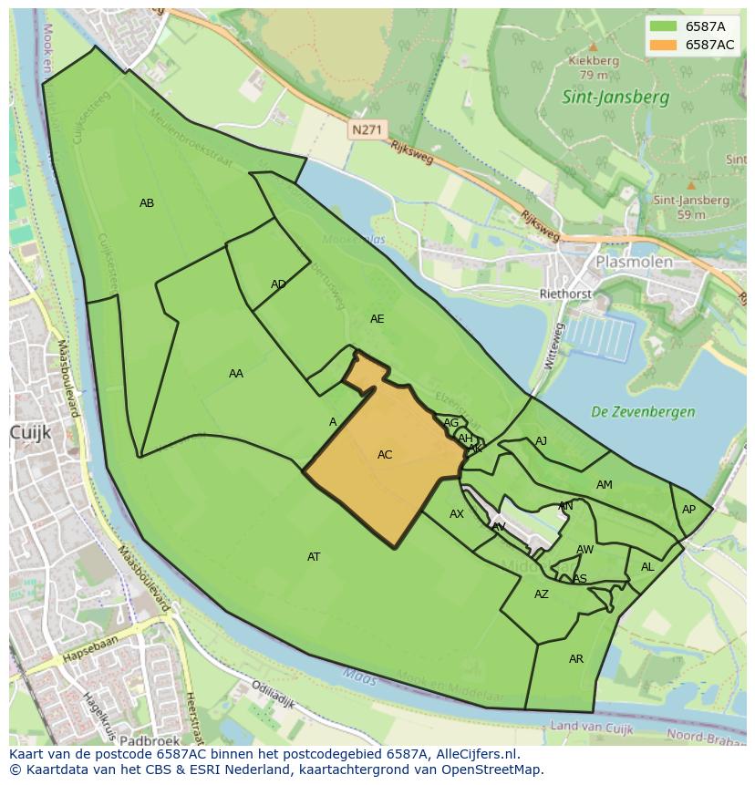 Afbeelding van het postcodegebied 6587 AC op de kaart.