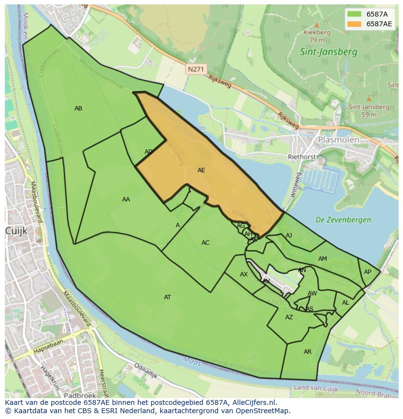 Afbeelding van het postcodegebied 6587 AE op de kaart.