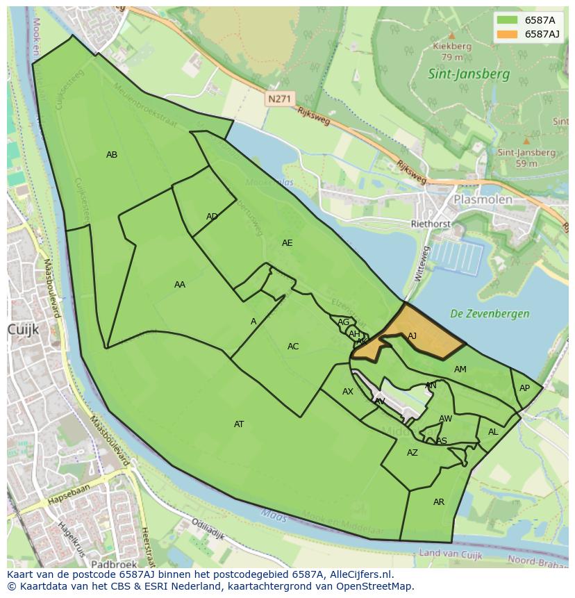 Afbeelding van het postcodegebied 6587 AJ op de kaart.