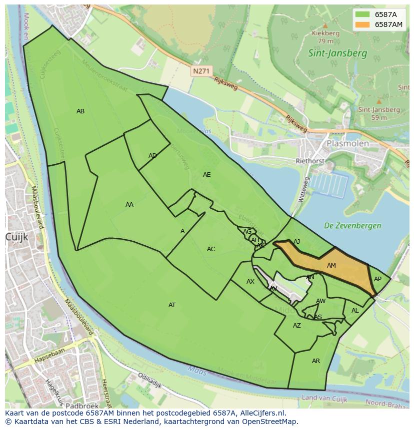 Afbeelding van het postcodegebied 6587 AM op de kaart.