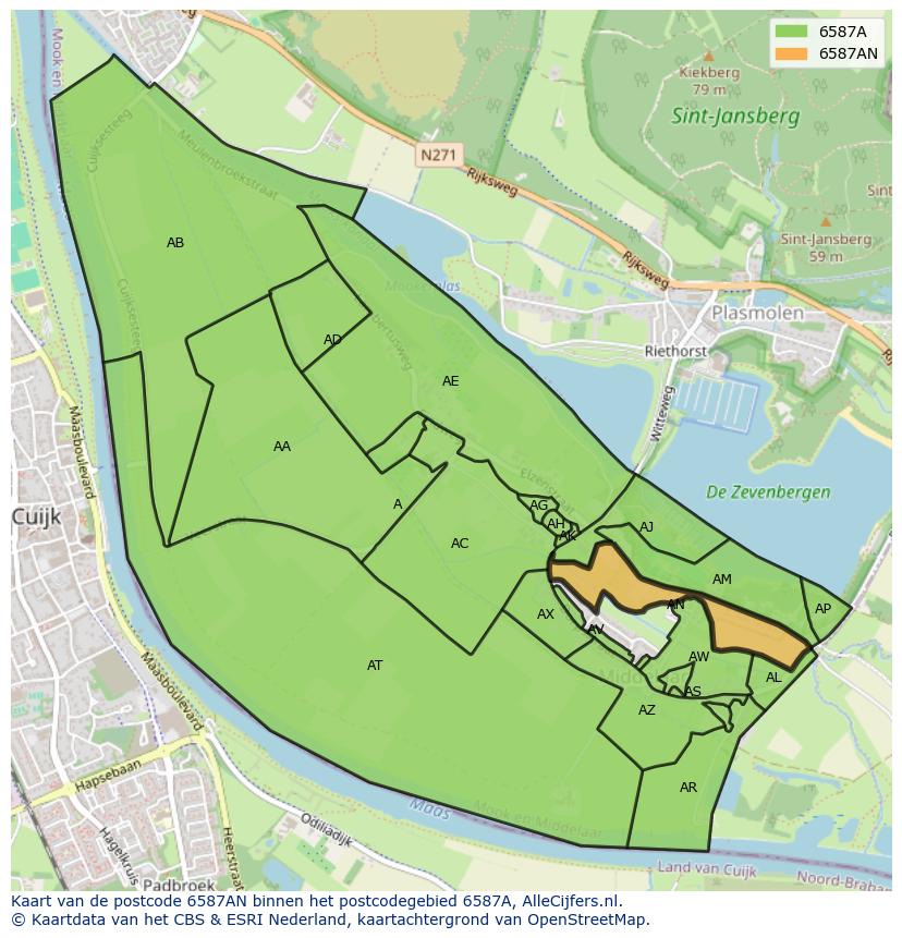 Afbeelding van het postcodegebied 6587 AN op de kaart.