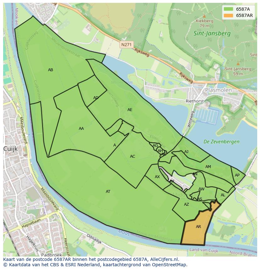 Afbeelding van het postcodegebied 6587 AR op de kaart.