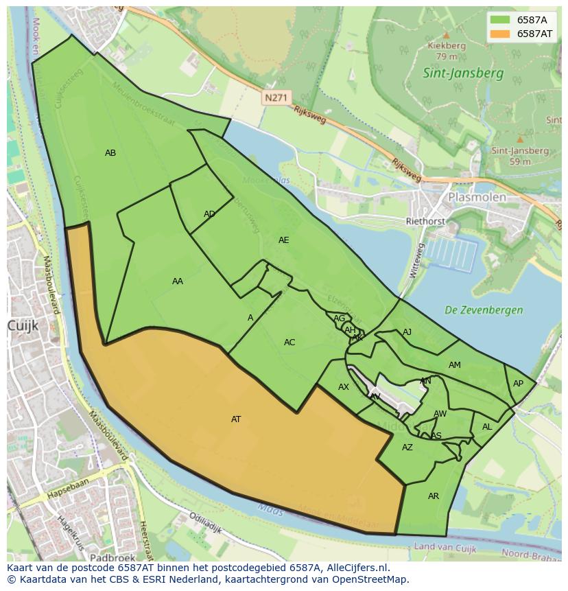 Afbeelding van het postcodegebied 6587 AT op de kaart.