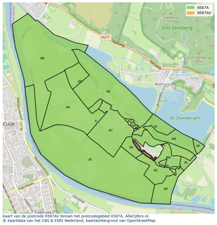 Afbeelding van het postcodegebied 6587 AV op de kaart.