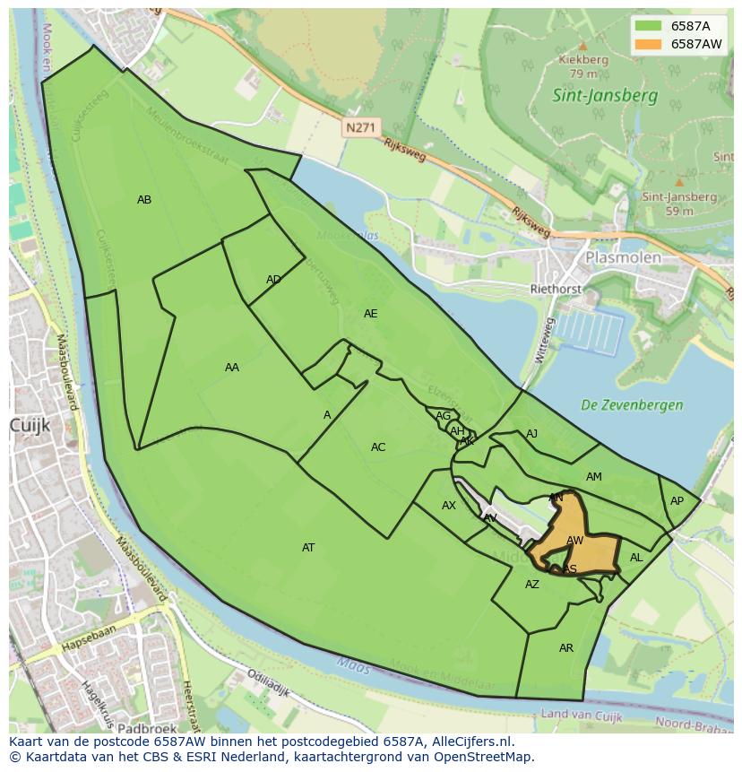 Afbeelding van het postcodegebied 6587 AW op de kaart.